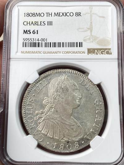 万国钱币拍卖第060期（万国六十期纪念大拍） - NGC MS61 1808MO TH西属墨西哥卡洛斯四世人像双柱8R 银霜转光淡雅青灰包浆极美 不可多得的收藏级品质