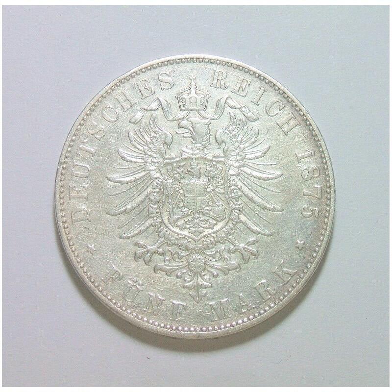 【银】德国巴登1875年 腓特烈一世短翅5马克大银币 极美品