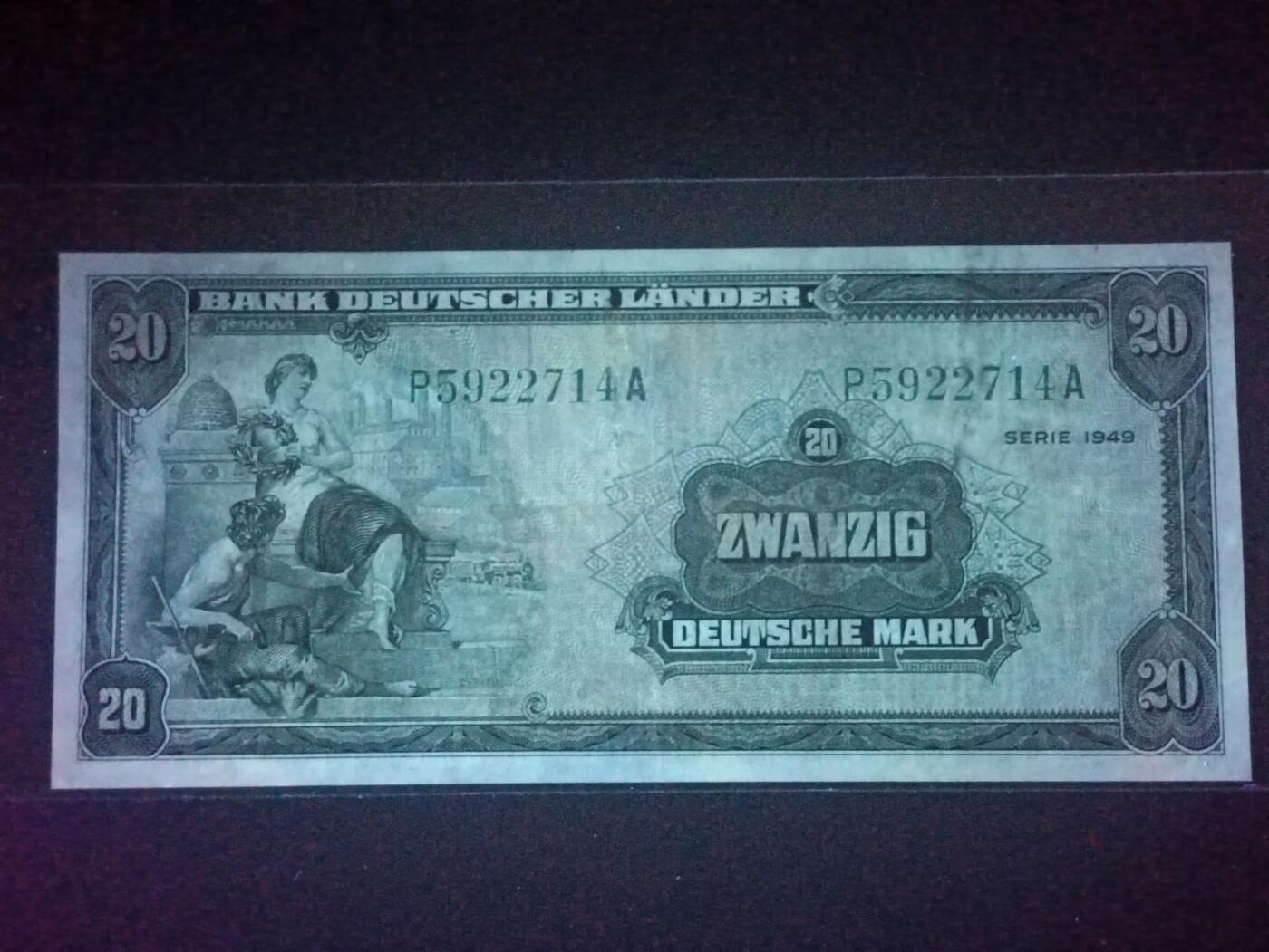 2026二月第一期，总215期 德国1949版20马克流通好品XF，后期“德意志国家银行”抬头，铁匠和桂冠女神