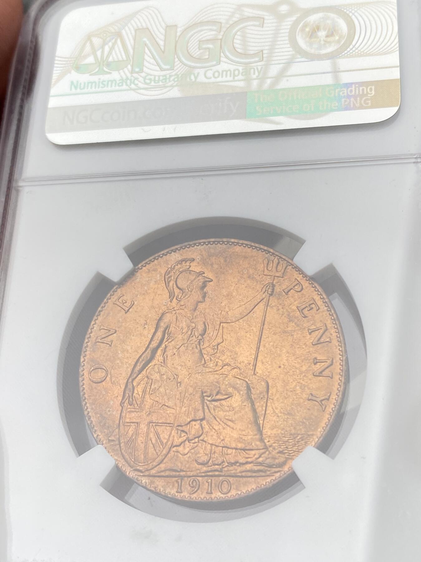 万国钱币拍卖第060期（万国六十期纪念大拍） NGC MS64RD 1910年英国爱德华七世1便士铜币 老铜币极难获得的RD评分 出厂状态的红铜转光令人赏心悦目