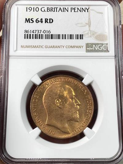 万国钱币拍卖第060期（万国六十期纪念大拍） - NGC MS64RD 1910年英国爱德华七世1便士铜币 老铜币极难获得的RD评分 出厂状态的红铜转光令人赏心悦目