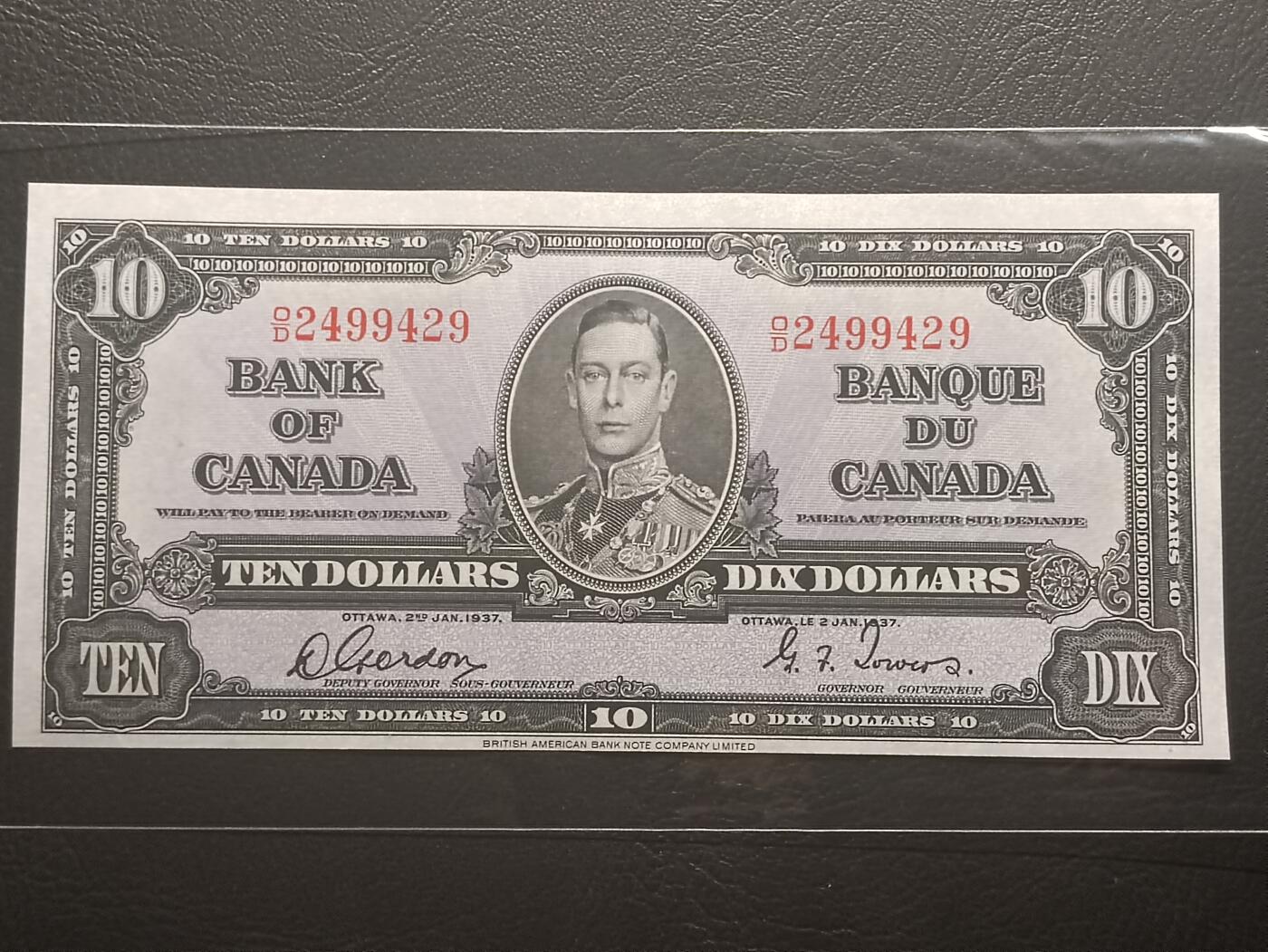 2026二月第一期，总215期 加拿大1937版10元UNC-，乔治六世国王和商业神墨丘利，稀有中高面值品种