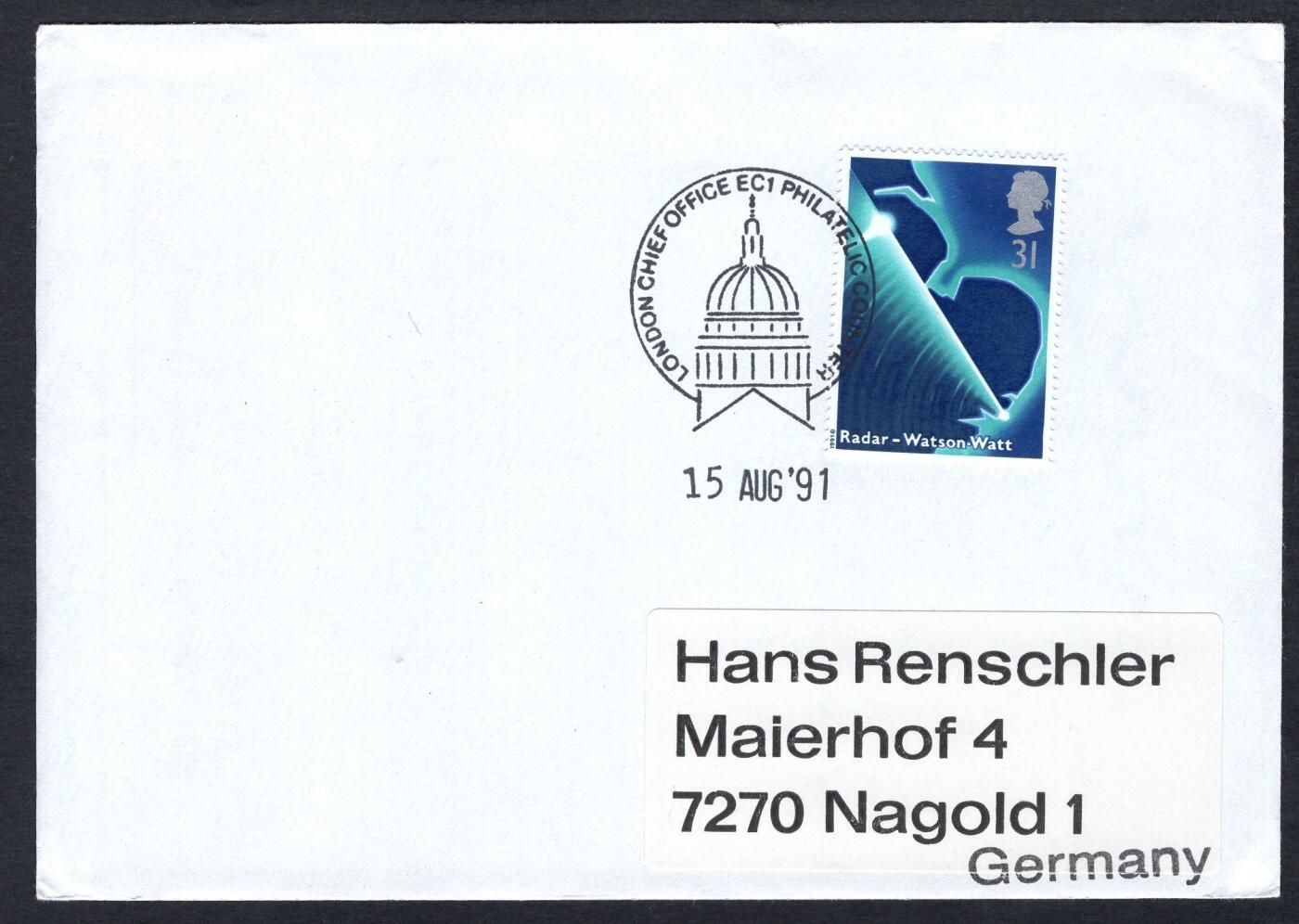 洪涛臻品批发群 精选邮票限时拍卖第1242期  英国1991年寄德国实寄封 沃森·瓦特雷达 带原始内件
