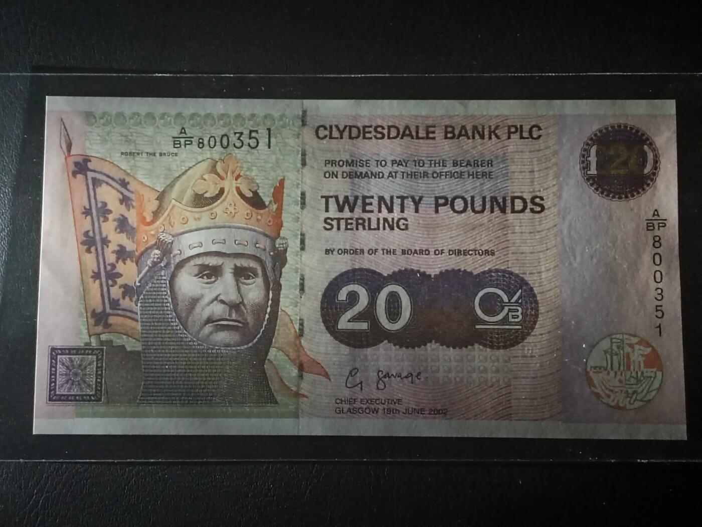 2026二月第一期，总215期 苏格兰克莱斯戴勒银行2002年20镑UNC-，反抗英格兰入侵的罗伯特一世国王和他的戎装骑马像