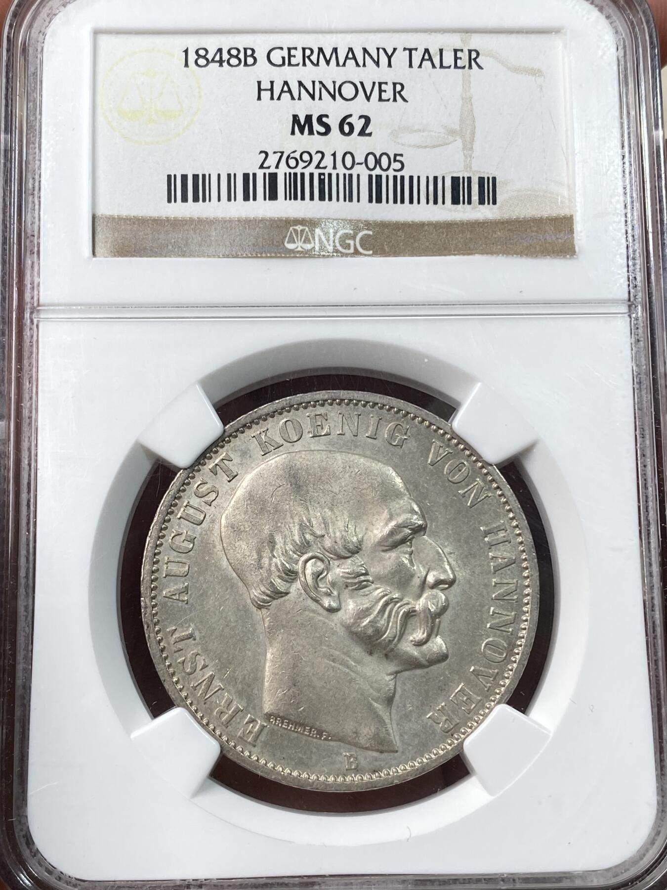 万国钱币拍卖第060期（万国六十期纪念大拍） NGC MS62 1848德国汉诺威奥古斯特盾徽泰勒 早期大规格协议泰勒 全深打英式盾徽淡雅青灰包浆
