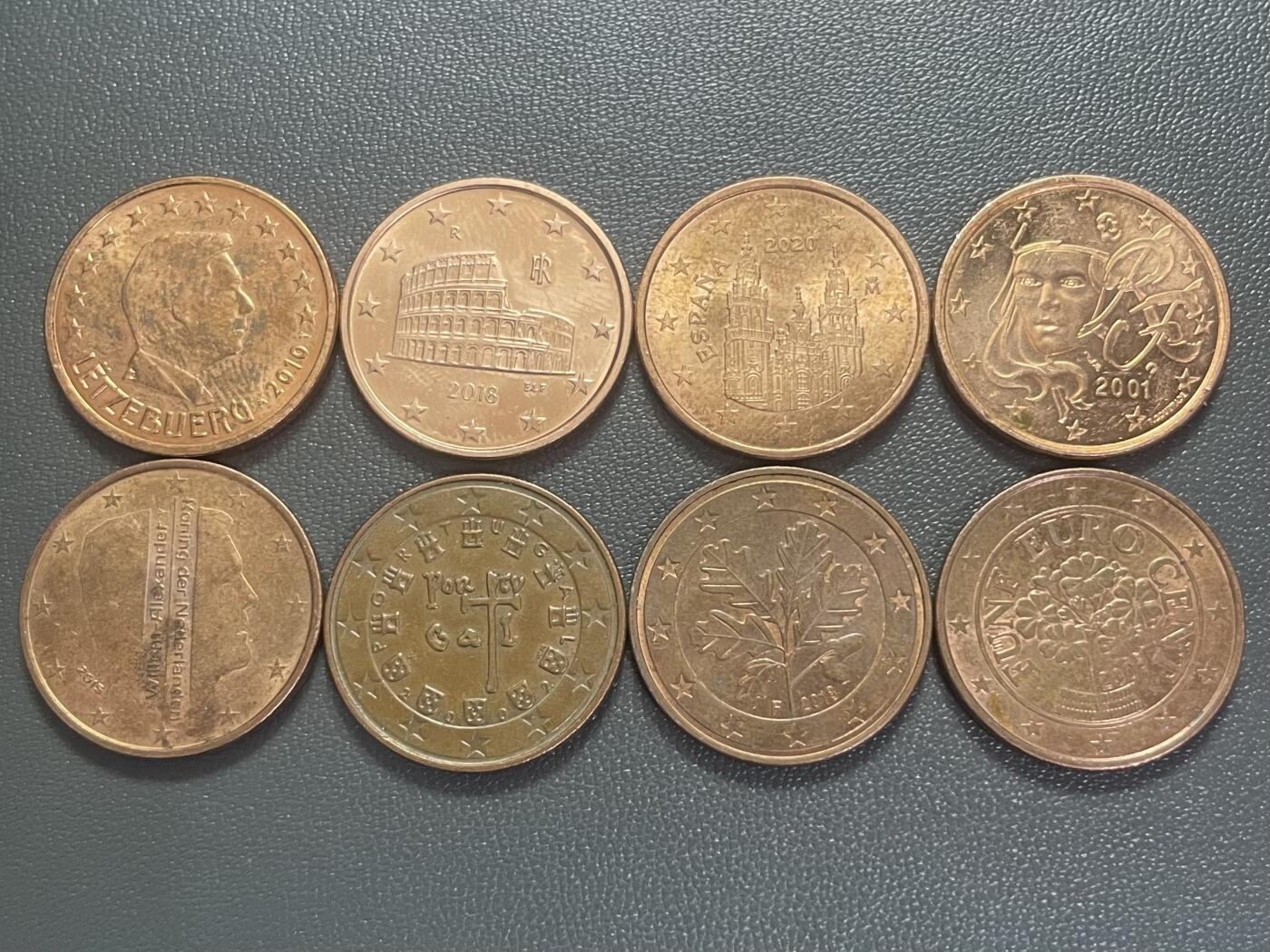 回流0201 5欧分不同8枚 卢森堡、意大利、西班牙、法国、荷兰、芬兰、葡萄牙、比利时
