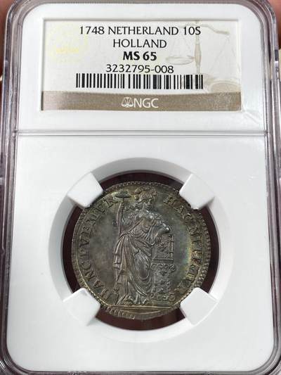 万国钱币拍卖第060期（万国六十期纪念大拍） - NGC MS65 1748荷兰站人10S银币 全深打欧陆七彩裹身 NGC老盒顶级收藏品质