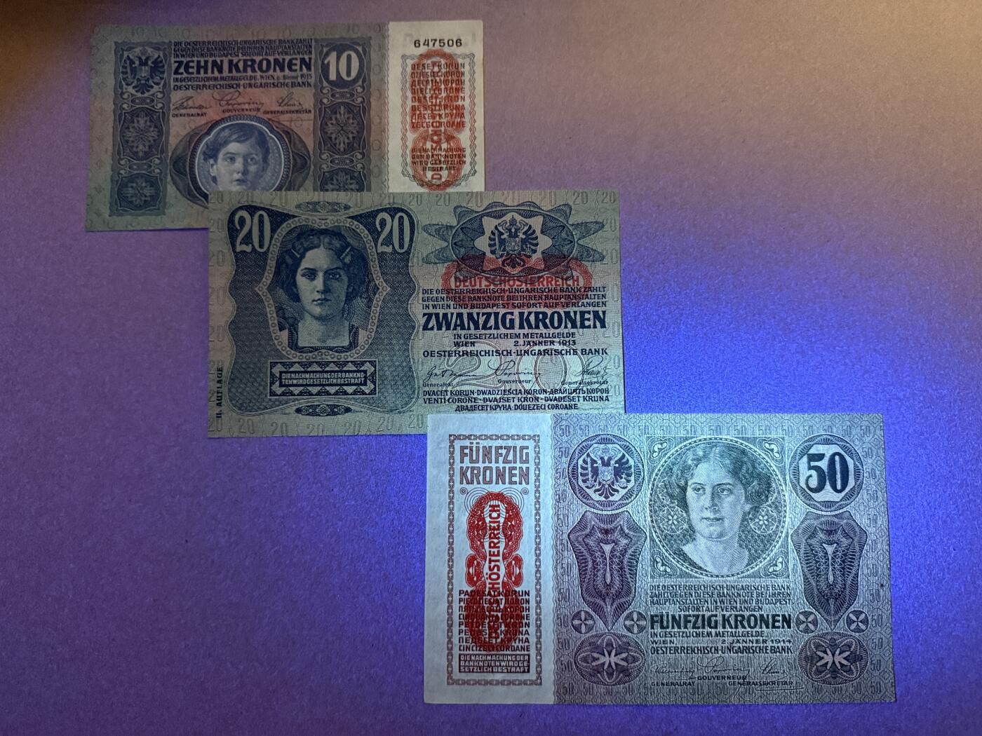《艾美收藏》第230期-2.1周日外币年前精品场 奥匈帝国10、20、50克朗3张 AU 1915年一战时期纸币 百年历史见证