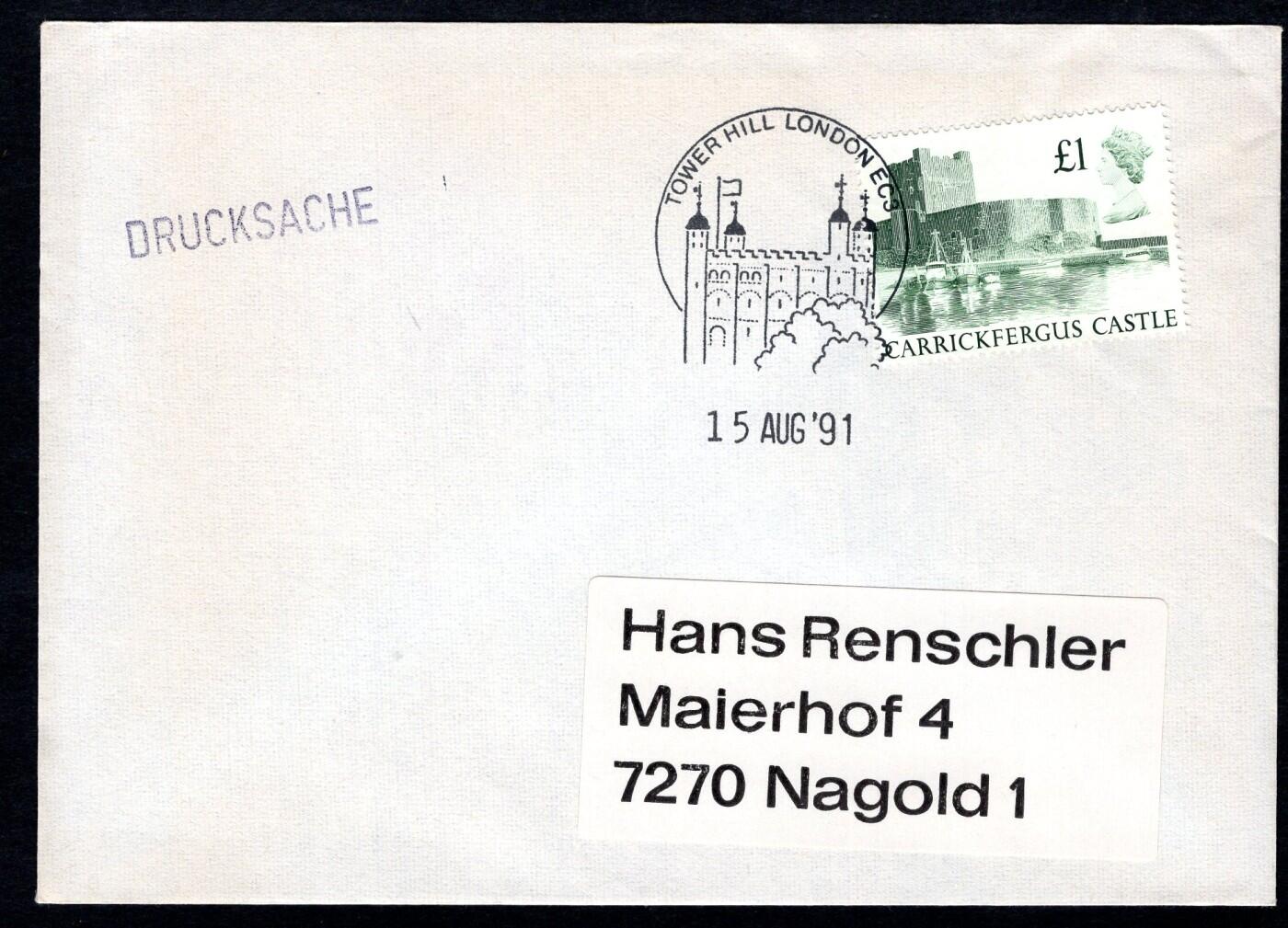洪涛臻品批发群 精选邮票限时拍卖第1242期  英国1991年寄德国实寄封,1英镑卡里克弗格斯城堡,带原始内件