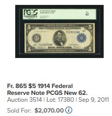 【Blue Auction】世界纸币精拍第781期——18级TOP拍卖/信誉/品质/专业/高效💫 【Fr. 865罕见 目录价最高之一的亚特兰大F区 无47】美国1914年5美金 正面林肯 背面征服者登陆大场景雕刻精美 TQG55（仅一张全新记录，亚军分即35分；目录无法给出UNC参考价）