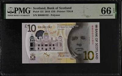 【礼羽收藏】🌏世界钱币拍卖第122期 - pMG英国苏格兰2016年塑料钞 10镑首年A 版大开门百位小号【BB000192】无3457朦胧号  双冠靓号