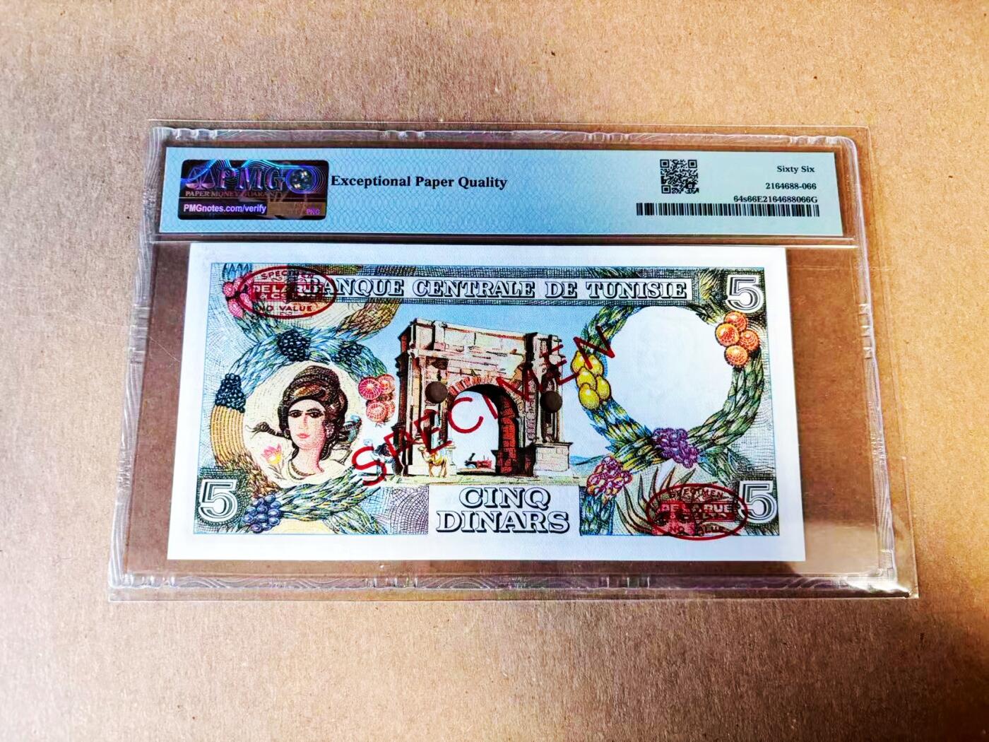 【Blue Auction】世界纸币精拍第781期——18级TOP拍卖/信誉/品质/专业/高效💫 【亚军分】突尼斯 经典彩背 1965年5第纳尔 PMG66EPQ 样钞 背面斯贝特拉大拱门 凑套必备 值得收藏