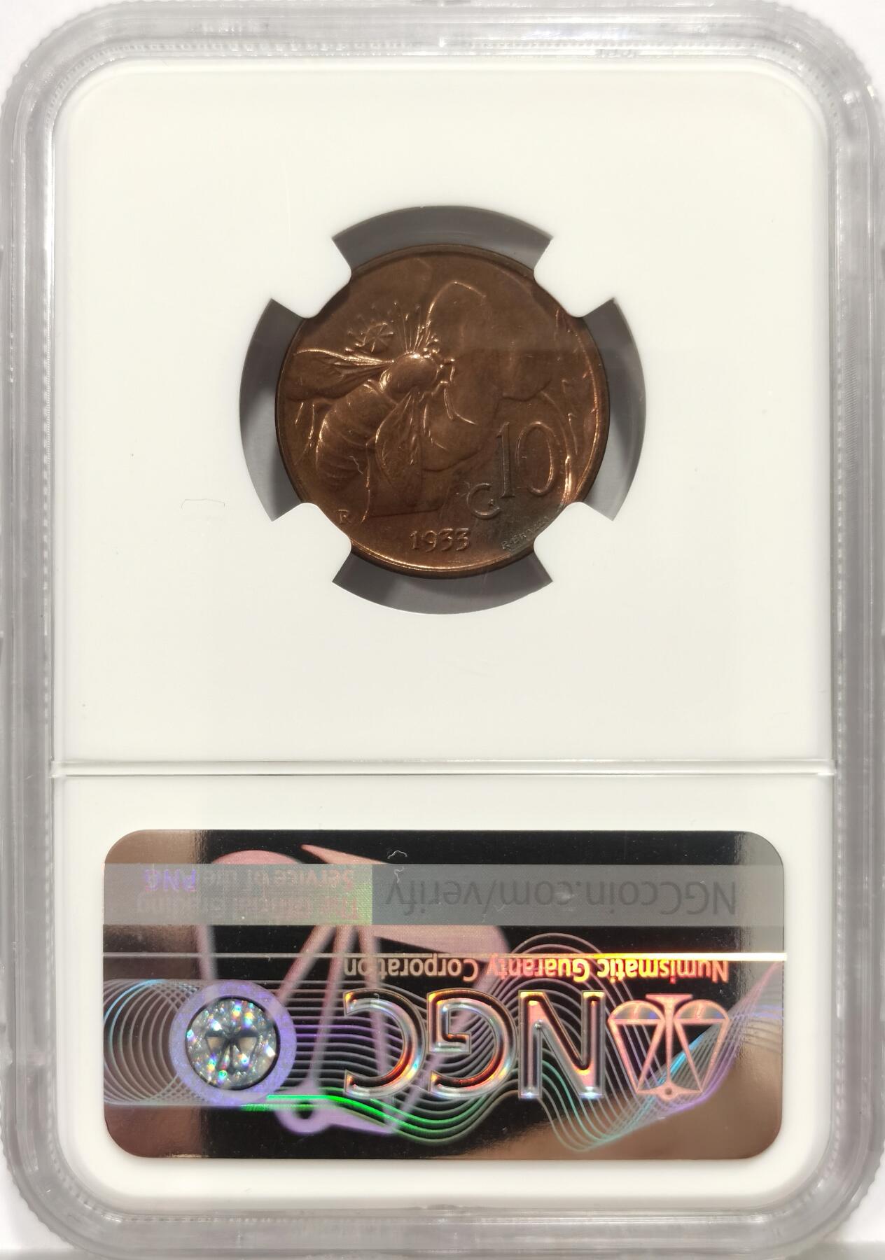 博洋堂世界钱币拍卖第159期（全场包邮） NGC MS62BN 意大利1933年10分，背面小蜜蜂