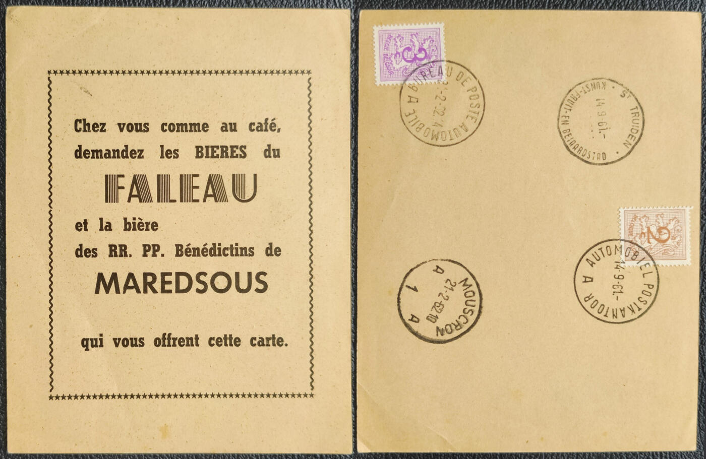 洪涛臻品批发群 精选邮票限时拍卖第1242期  1961年比利时票戳卡 背面文字咖啡啤酒之类的,广告？