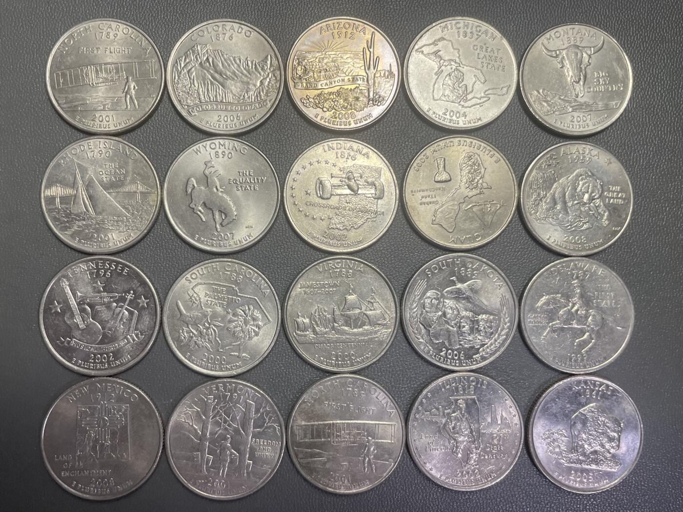 回流0201 美国洲币系列不同洲20枚 北卡罗来纳州、科罗拉多州、亚利桑那州、密歇根州、蒙大拿州、罗得岛州、怀俄明州、印第安纳州、明尼苏达州、阿拉斯加州、田纳西州、南卡罗来纳州、弗吉尼亚州、南达科他州、德克萨斯州、新墨西哥州、佛蒙特州、内华达州、加利福尼亚州