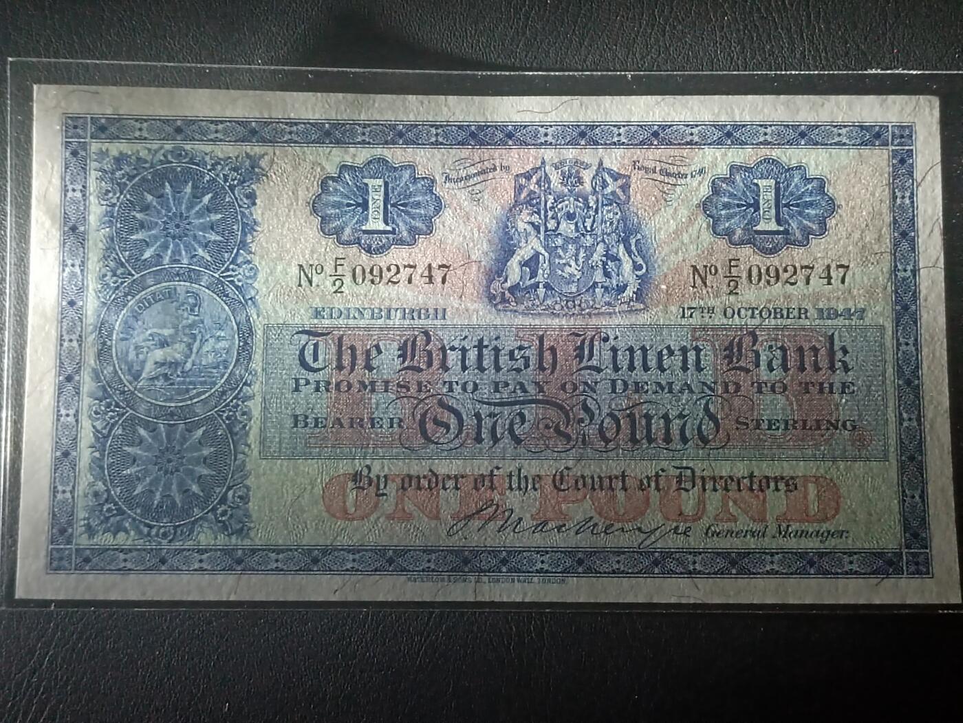 2026二月第一期，总215期 苏格兰不列颠亚麻银行1947年1镑UNC-，不列颠尼亚女神，早期大票幅版本，稀有品种