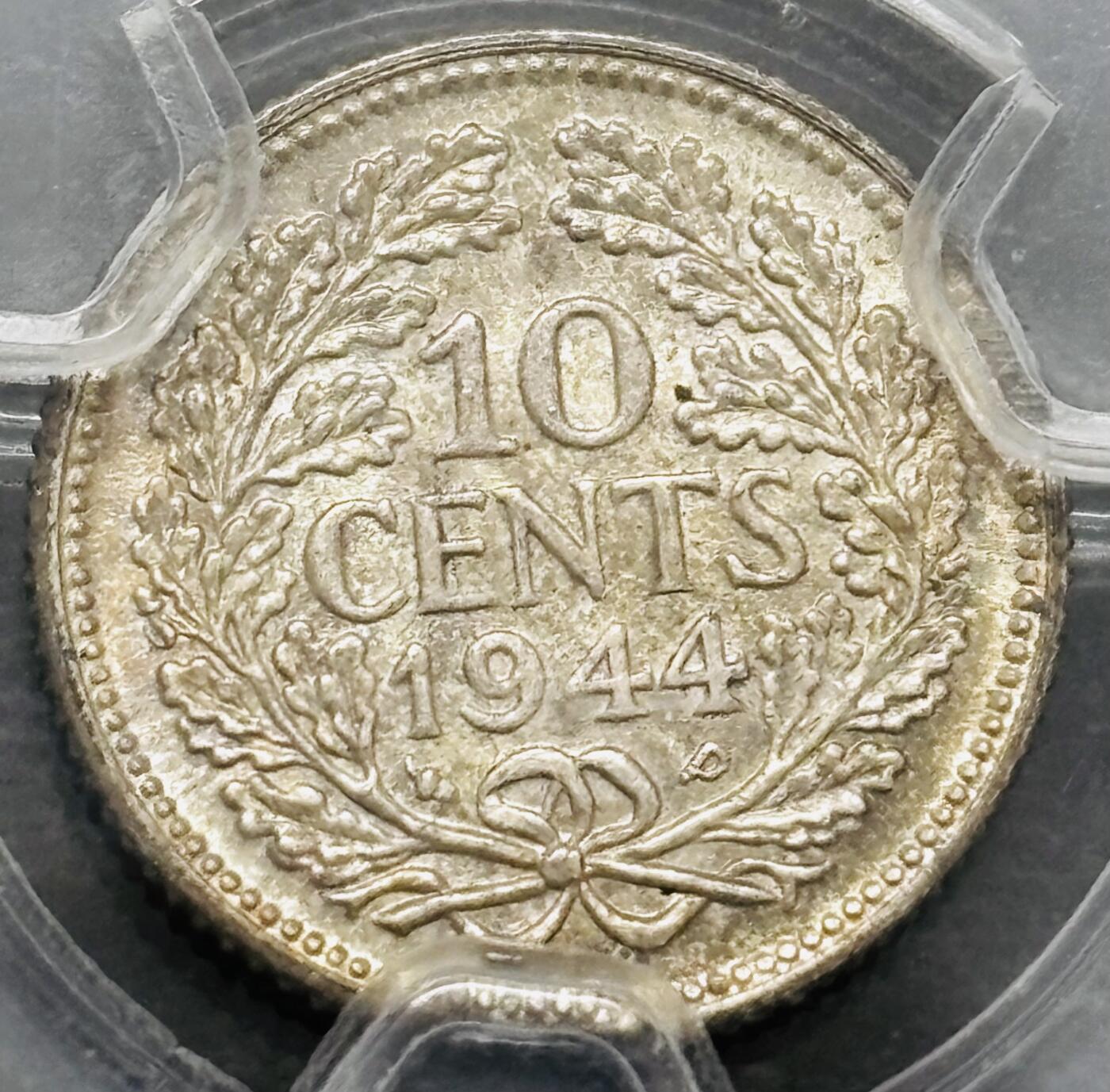 文馨钱币收藏 2026新年第五场（第 291 场）【长期接代拍品】 评级币 MS65 分 1944 年荷兰威廉明娜 10 分银 币