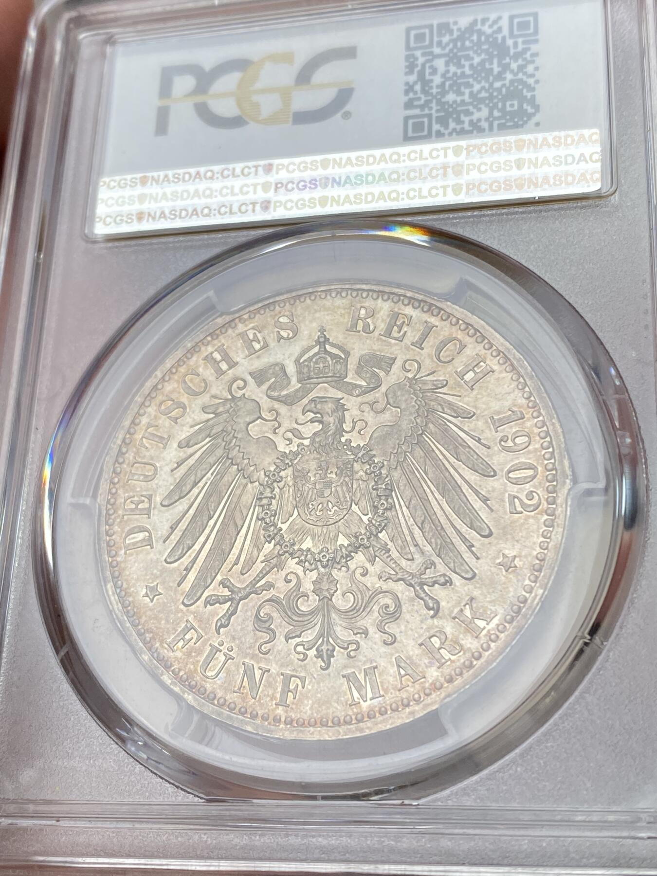 万国钱币拍卖第060期（万国六十期纪念大拍） PCGS PR65 1902德国巴登大胡子精制长翅5马克 极其罕见的巴登流通版5马克精制 卡尔斯厄鲁造币厂出品 PC统治级唯一冠军分 镜面深五彩倒影包浆 一枚毕业的顶级帝国马克藏品