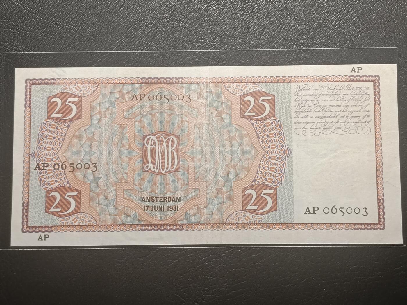2026二月第一期，总215期 荷兰1931年25盾流通好品XF无47，1863年曾任荷兰央行行长的梅斯爵士