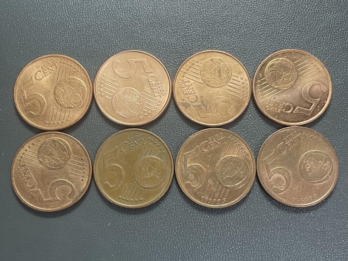 回流0201 5欧分不同8枚 卢森堡、意大利、西班牙、法国、荷兰、芬兰、葡萄牙、比利时