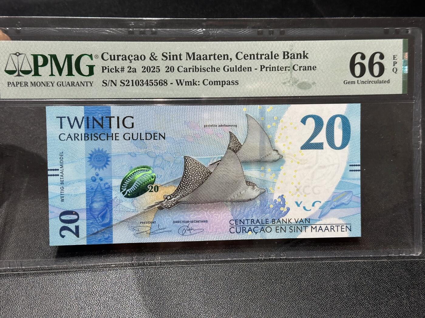 《外钞收藏家》第六百零六期（精品场）（本平台长期征集拍品、欢迎藏友们联系合作） 2025年库拉索和圣马丁20盾 PMG66 尾568