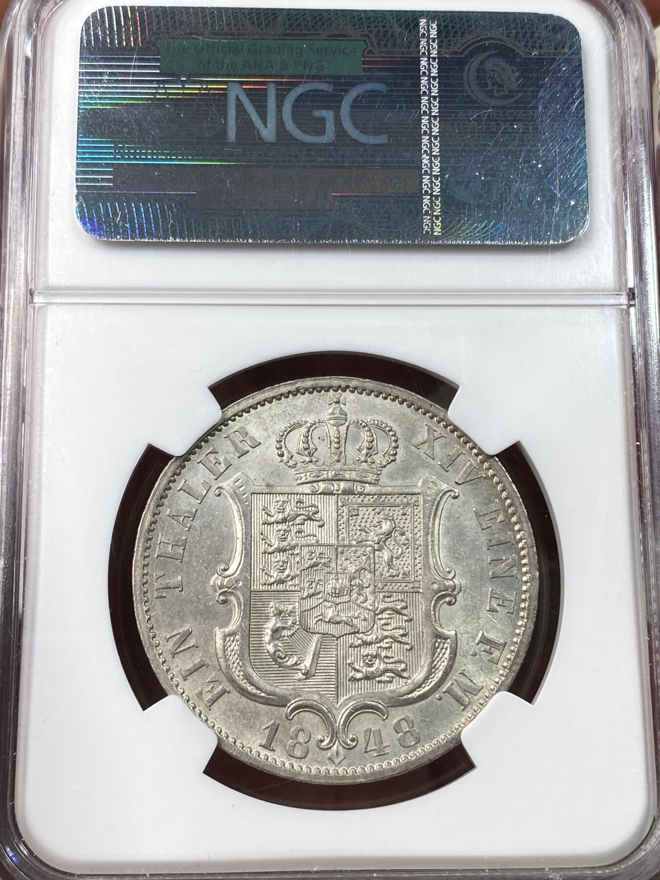 万国钱币拍卖第060期（万国六十期纪念大拍） NGC MS62 1848德国汉诺威奥古斯特盾徽泰勒 早期大规格协议泰勒 全深打英式盾徽淡雅青灰包浆