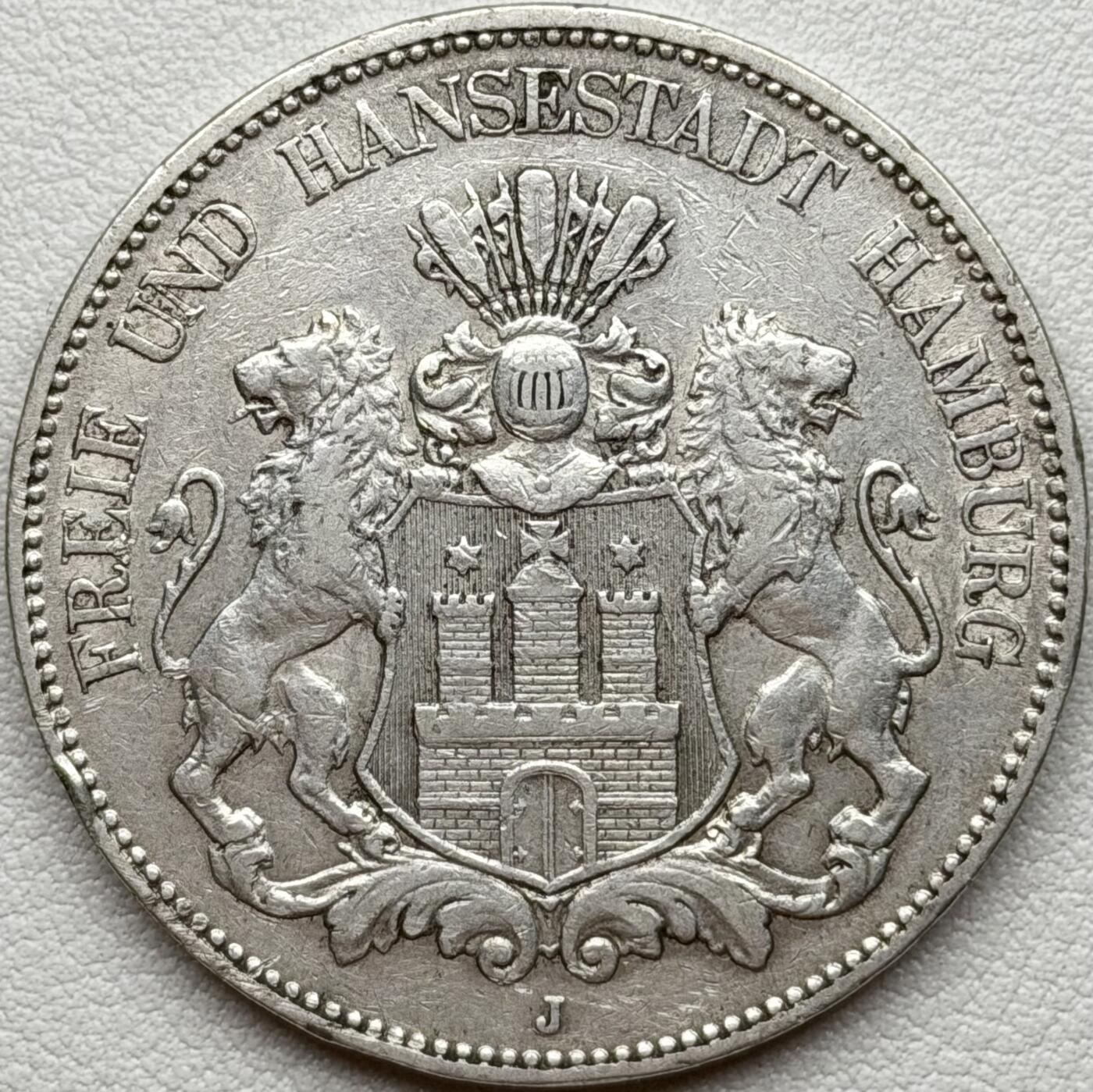 ＜星葵🌻钱币社＞散币克朗场第69期·2月3日发货 〈900银·27.8g〉德国1903年汉堡自由汉萨市5马克银币