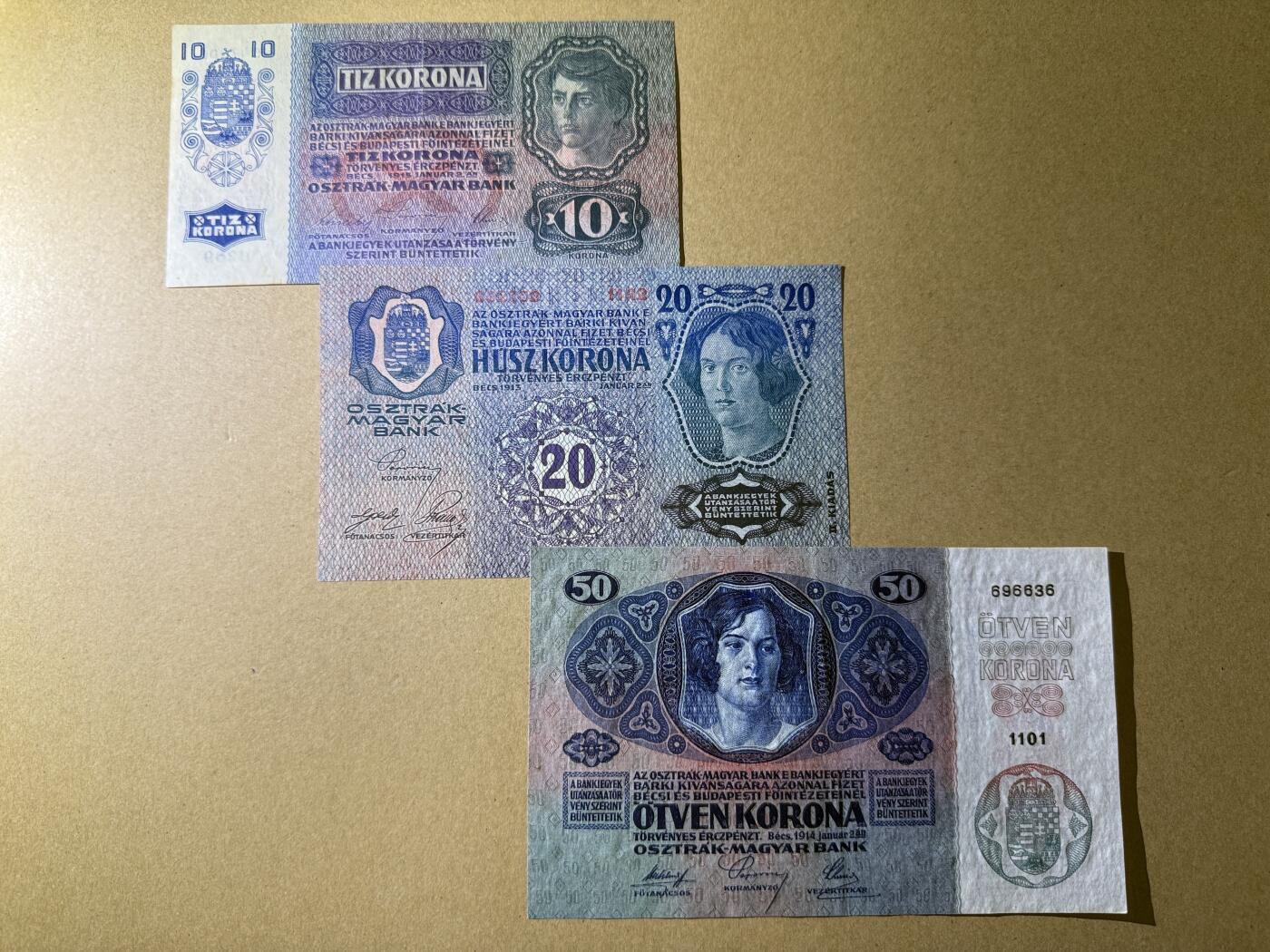 《艾美收藏》第230期-2.1周日外币年前精品场 奥匈帝国10、20、50克朗3张 AU 1915年一战时期纸币 百年历史见证