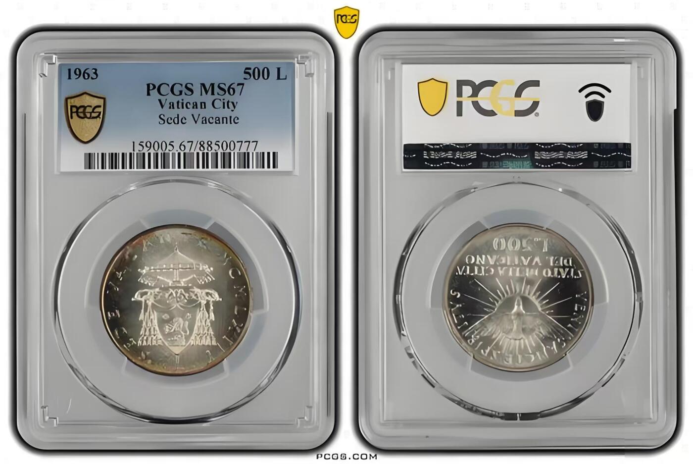 长老汇蛇年精选第九十七场拍卖 梵蒂冈1963年500里拉纪念银币  教皇缺位 宗座从缺 PCGS MS67，亚军分，更高分仅一枚，豹子号  高分难得，收藏佳品