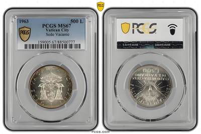 长老汇蛇年精选第九十七场拍卖 - 梵蒂冈1963年500里拉纪念银币  教皇缺位 宗座从缺 PCGS MS67，亚军分，更高分仅一枚，豹子号  高分难得，收藏佳品