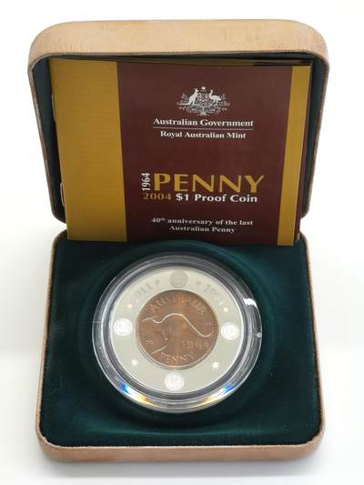 博洋堂世界钱币拍卖第159期（全场包邮） - 澳大利亚2004年最后的袋鼠便士40周年精制纪念银币，盒证全，中间纯铜，外圈纯银-2