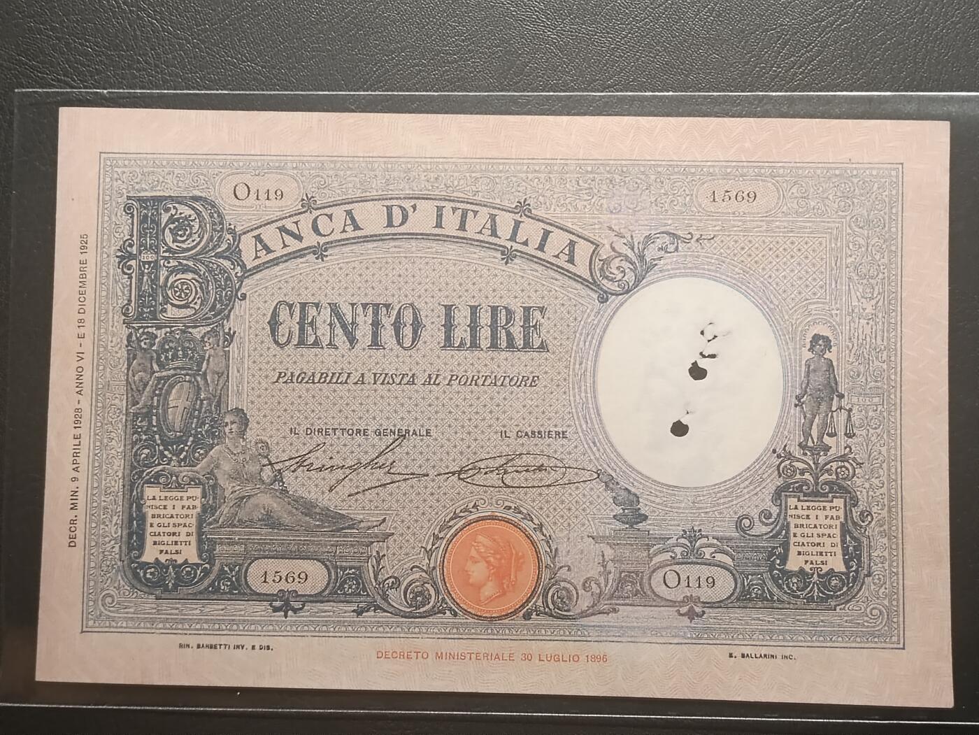 2026二月第一期，总215期 意大利1928年100里拉AUNC有孔洞，早期大票幅中高面值品种，比二战时简化印刷版本更少见