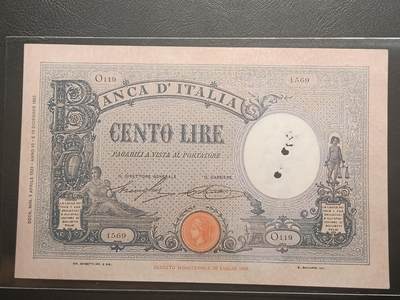 2026二月第一期，总215期 - 意大利1928年100里拉AUNC有孔洞，早期大票幅中高面值品种，比二战时简化印刷版本更少见