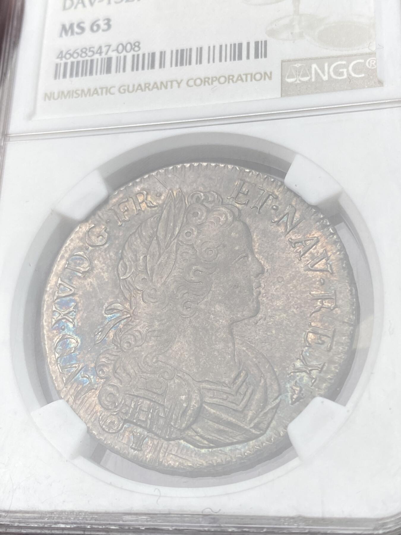 万国钱币拍卖第060期（万国六十期纪念大拍） NGC MS63 1719法国路易十五埃居大银 雷恩厂铸造 全深打欧陆五彩转光极美 少许减重痕迹 顶级收藏品质