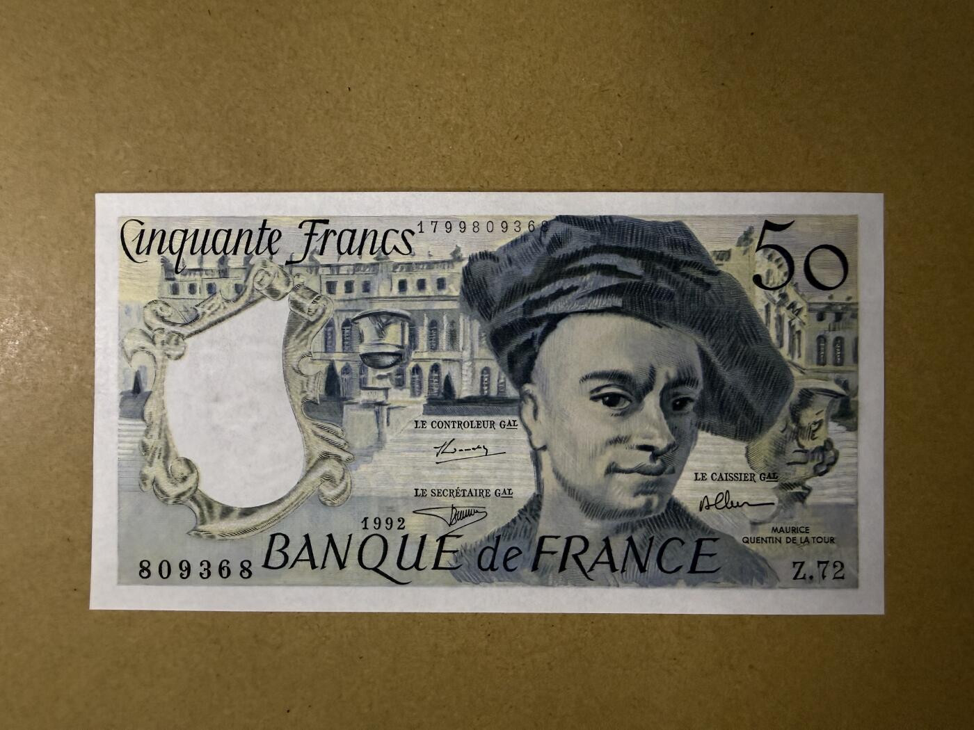 《艾美收藏》第230期-2.1周日外币年前精品场 法国50法郎 UNC 1992年 法国洛可可派画家拉图尔 无4尾8