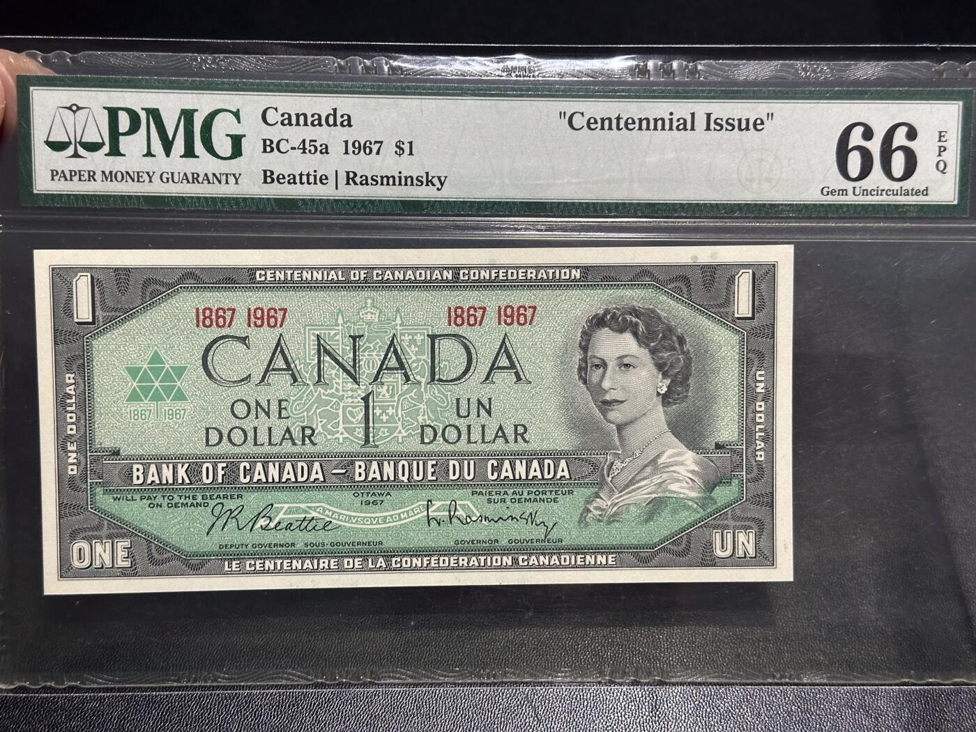 《外钞收藏家》第六百零六期（精品场）（本平台长期征集拍品、欢迎藏友们联系合作） 1967年加拿大1加元 纪念钞 PMG66