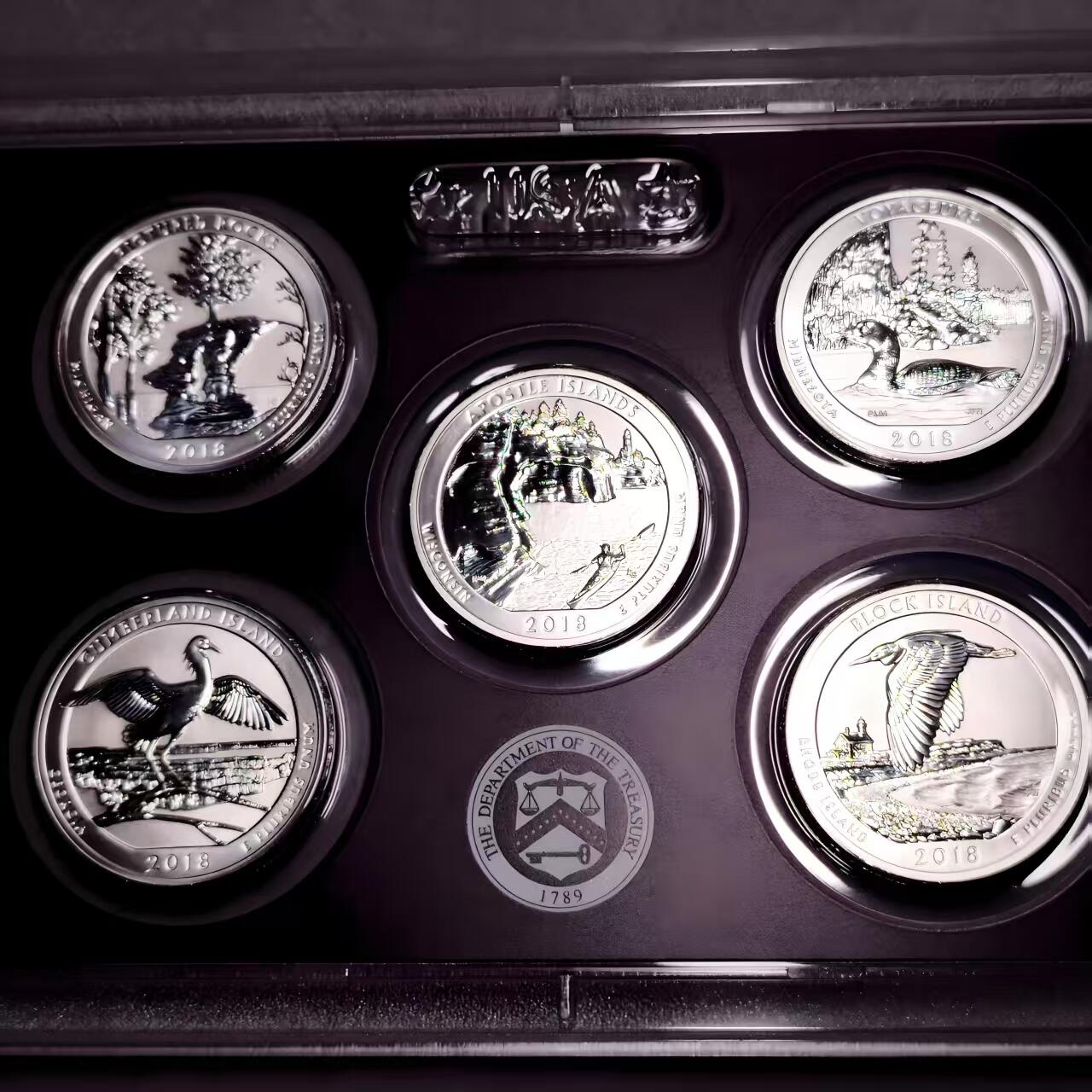 长老汇蛇年精选第九十七场拍卖 美国2018年反精制公园纪念银币5枚，国内罕见，颜值相当，工艺精湛，31.25克，900银，银价835