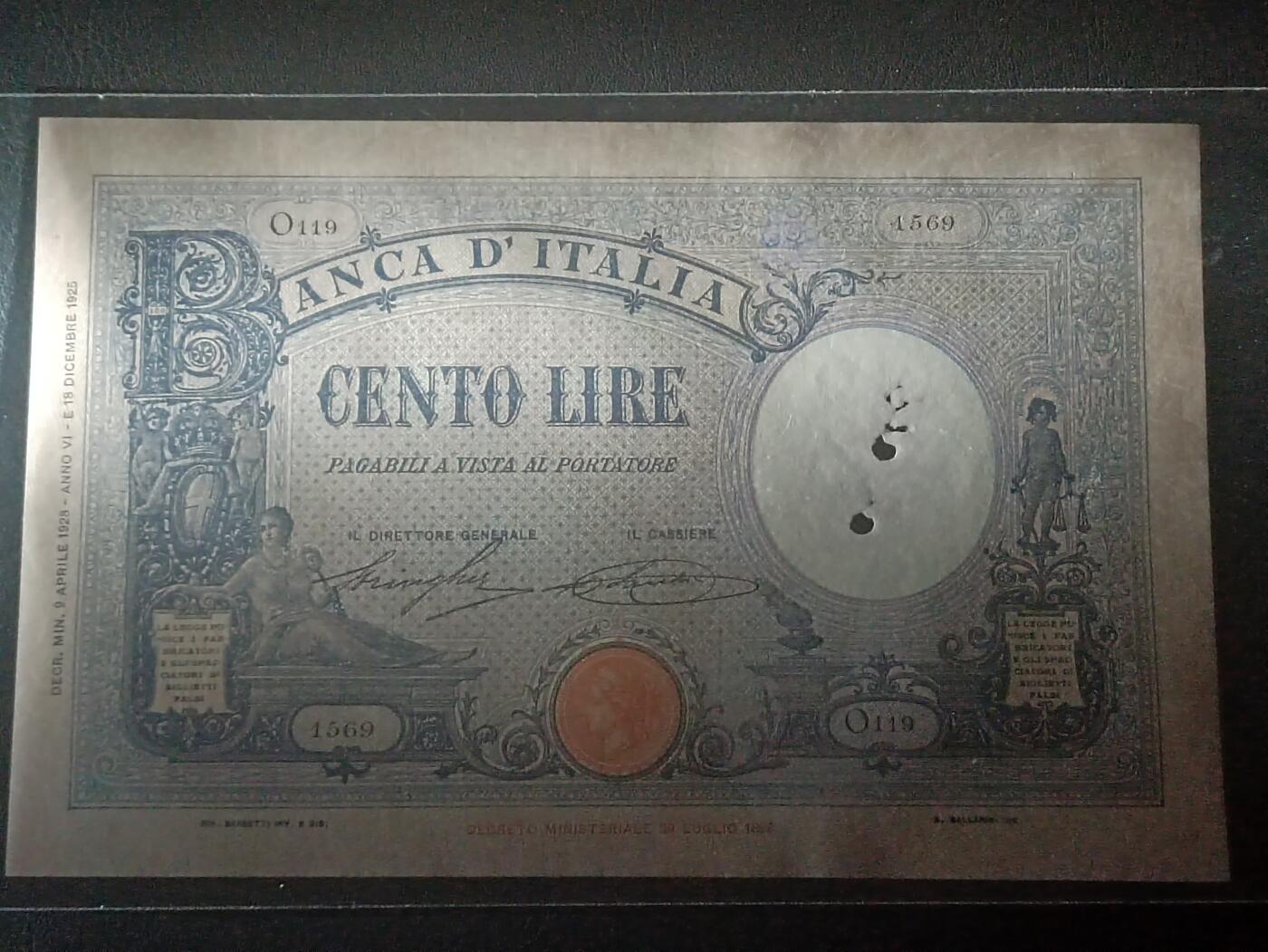 2026二月第一期，总215期 意大利1928年100里拉AUNC有孔洞，早期大票幅中高面值品种，比二战时简化印刷版本更少见