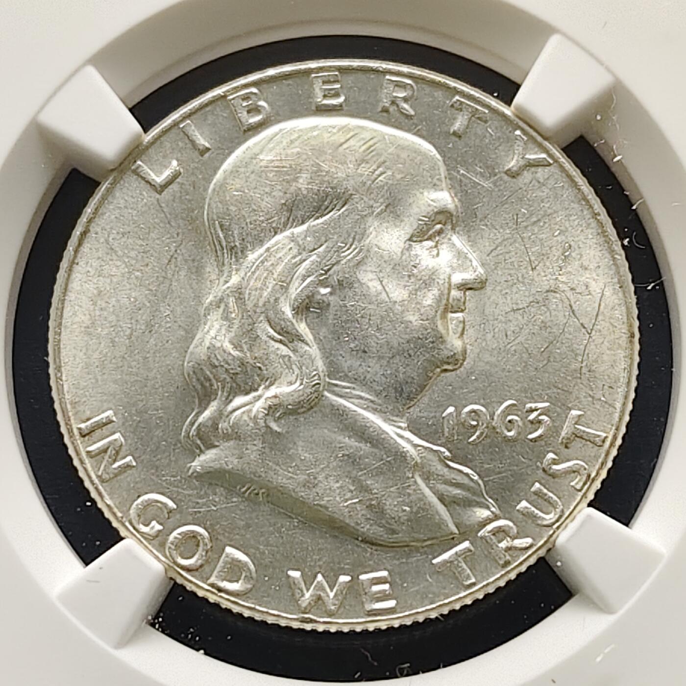 【全场包邮】纯粹捡漏拍499场-持续更新中 美国1963年富兰克林半元银币【31毫米12.5克90%，纯银价约316元（按28元银价折算）】-NGC MS62