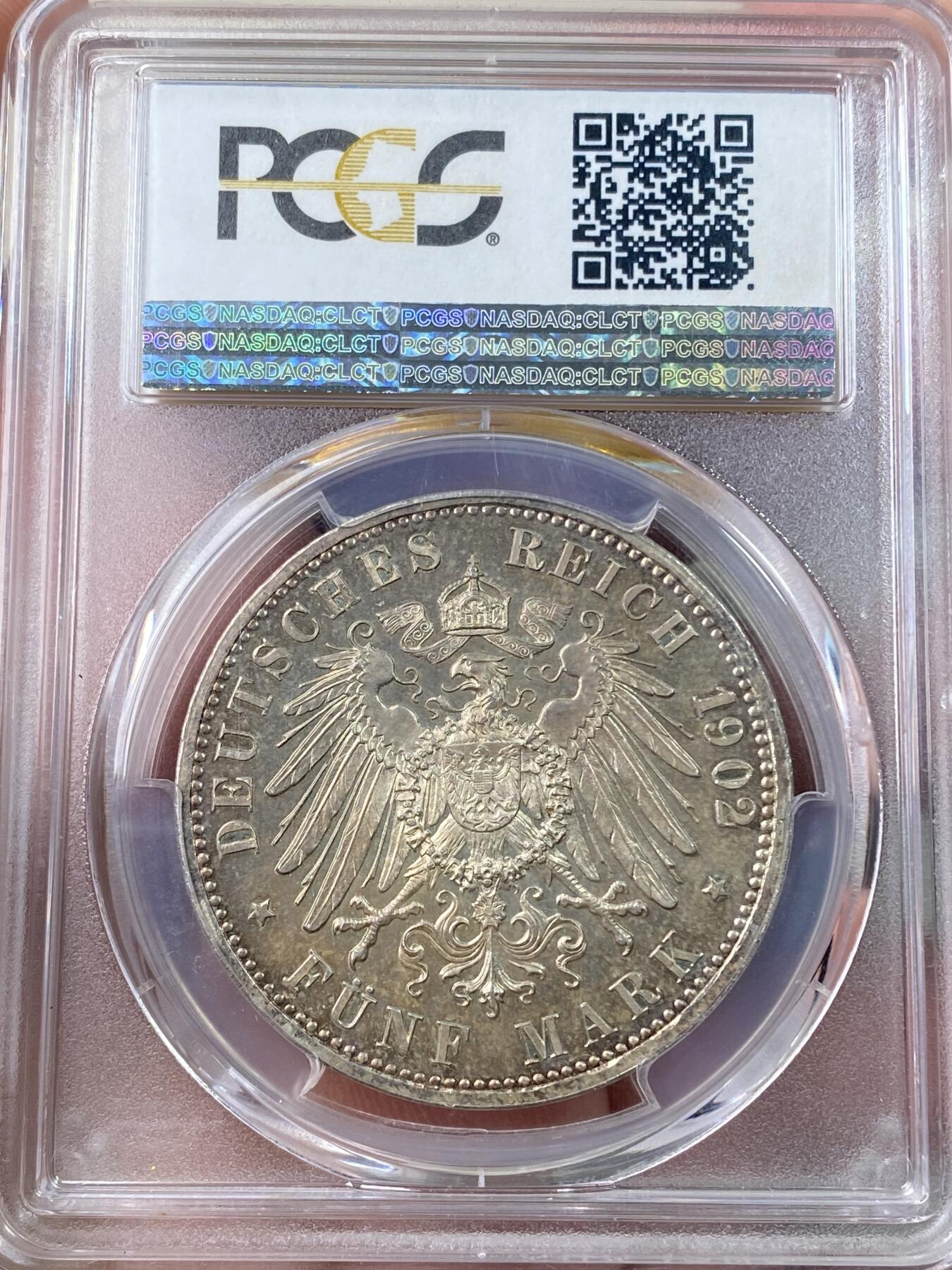 万国钱币拍卖第060期（万国六十期纪念大拍） PCGS PR65 1902德国巴登大胡子精制长翅5马克 极其罕见的巴登流通版5马克精制 卡尔斯厄鲁造币厂出品 PC统治级唯一冠军分 镜面深五彩倒影包浆 一枚毕业的顶级帝国马克藏品