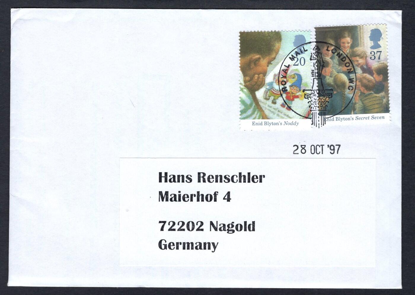 洪涛臻品批发群 精选邮票限时拍卖第1242期  英国1997年寄德国实寄封 艾妮德·布莱顿儿童著作-诺迪与七个小神探, 带原始内件