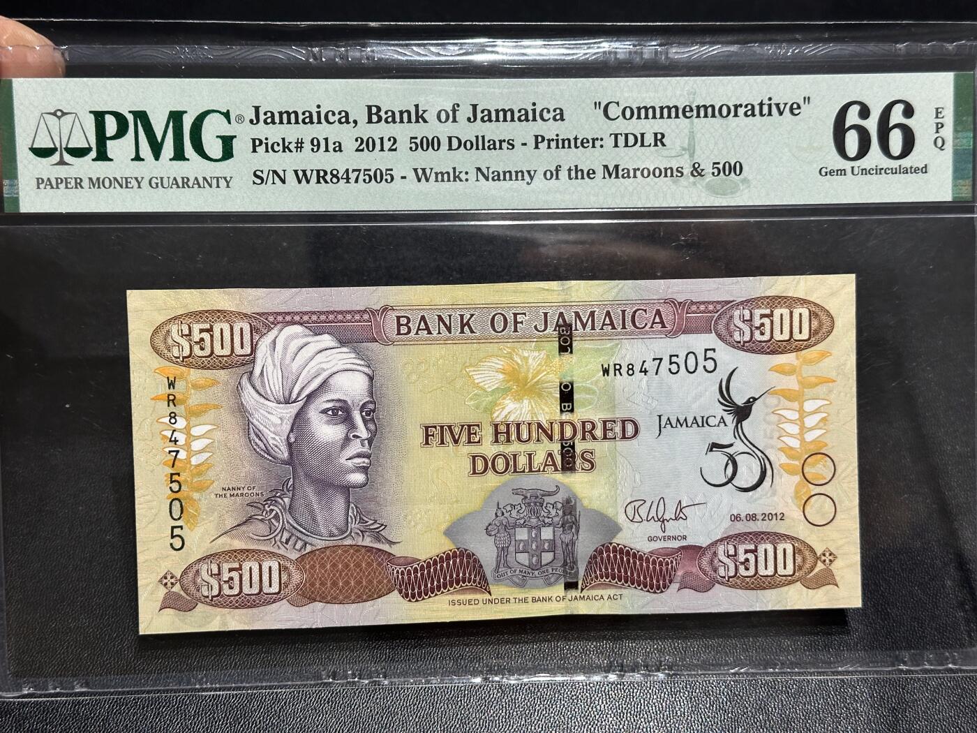 《外钞收藏家》第六百零六期（精品场）（本平台长期征集拍品、欢迎藏友们联系合作） 2012年牙买加500 纪念钞 PMG66