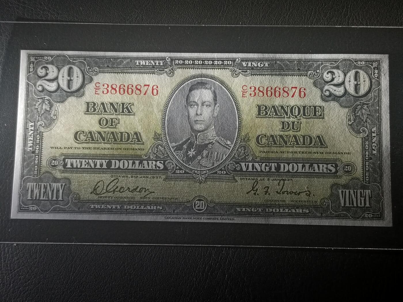2026二月第一期，总215期 加拿大1937版20元AUNC，乔治六世国王和农神，稀有中高面值品种