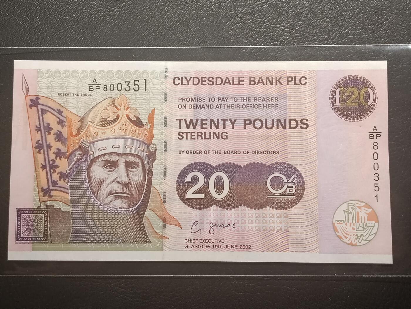 2026二月第一期，总215期 苏格兰克莱斯戴勒银行2002年20镑UNC-，反抗英格兰入侵的罗伯特一世国王和他的戎装骑马像