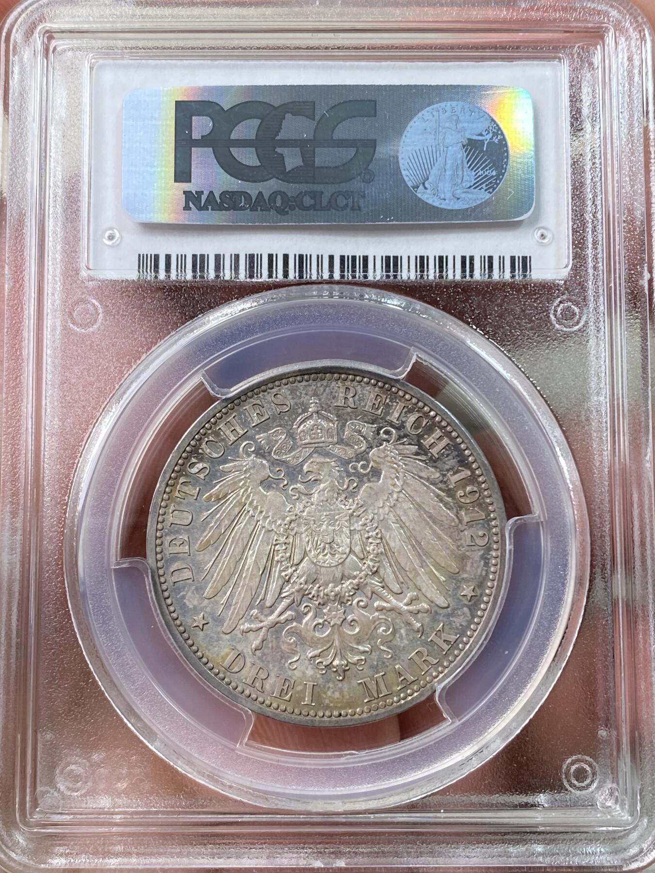 万国钱币拍卖第060期（万国六十期纪念大拍） PCGS PR65 1912普鲁士威廉二世精制长翅3马克 如同浩瀚宇宙般的绚烂星空包浆 镜面精铸高浮雕喷砂质感 无法用分数衡量的顶级视觉享受