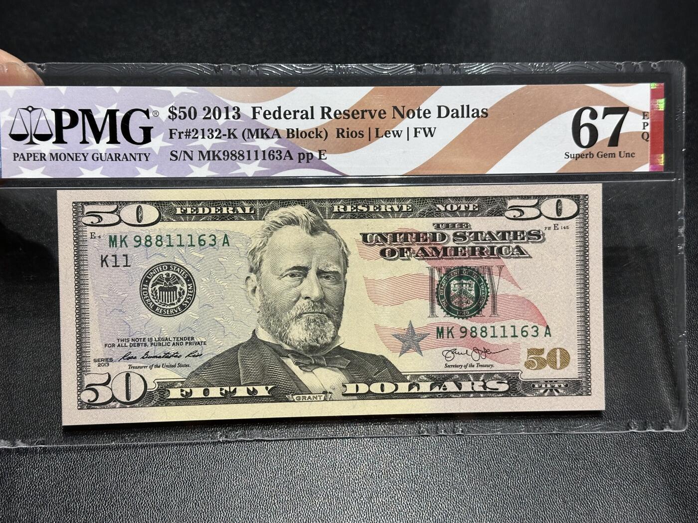 《外钞收藏家》第六百零六期（精品场）（本平台长期征集拍品、欢迎藏友们联系合作） 2013年美国彩版50美元 PMG67 国旗标 无47