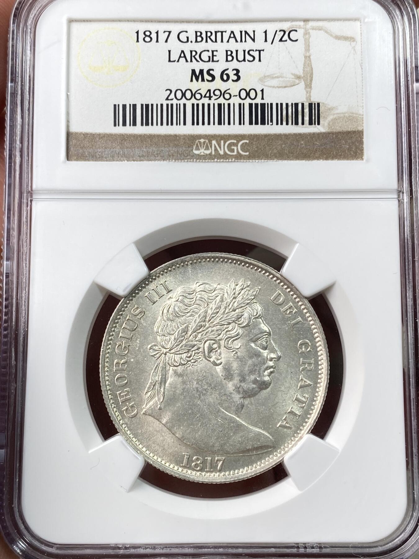 万国钱币拍卖第060期（万国六十期纪念大拍） NGC MS63 1817英国乔治三世牛头半克朗银币 经典品种 全深打银霜转光好品难得