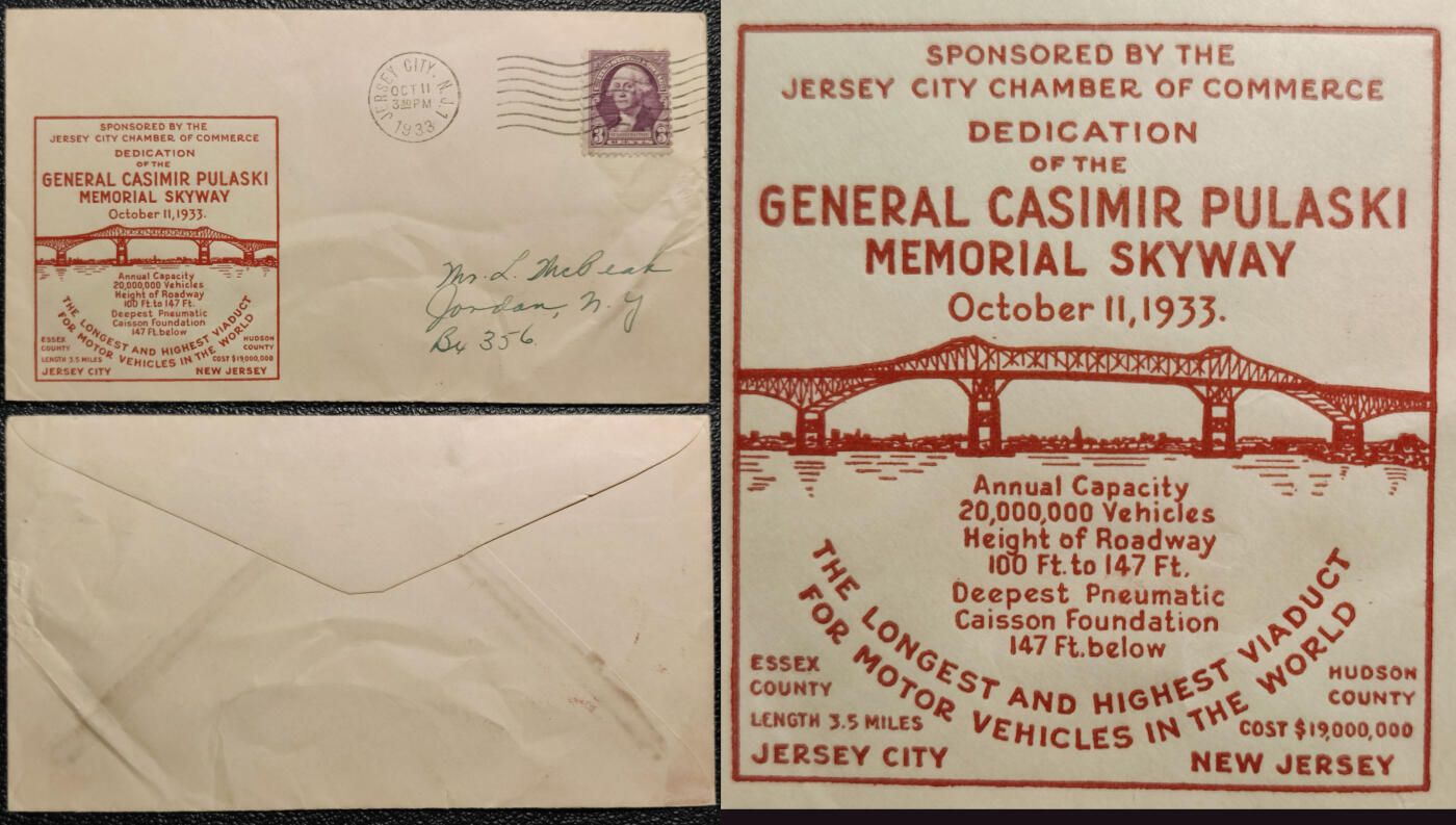 洪涛臻品批发群 精选邮票限时拍卖第1242期  美国1933年首日天桥建成纪念实寄封 左下角印乔治亚州卡西米尔·普拉斯基将军 纪念天桥,贴华盛顿总统邮票,销首日机盖戳。难得的早期天桥专题邮品