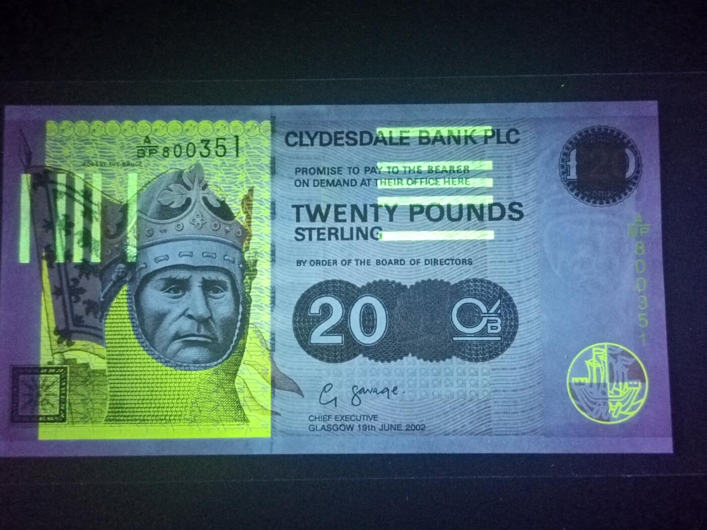 2026二月第一期，总215期 苏格兰克莱斯戴勒银行2002年20镑UNC-，反抗英格兰入侵的罗伯特一世国王和他的戎装骑马像