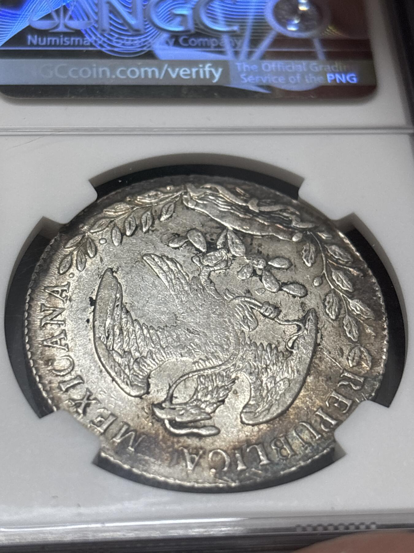 文馨钱币收藏 2026新年第五场（第 291 场）【长期接代拍品】 NGC 评级 AU D，少见 1876 年墨西哥早期花边鹰洋银元，黄油环彩状态，细节清洗，可圈可点